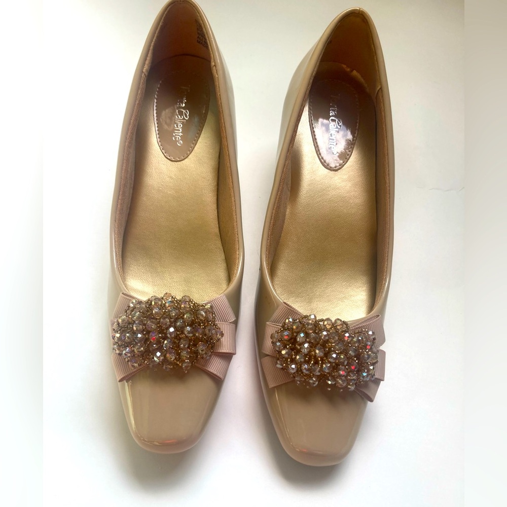 Beige Embellished Ballet Heels - Women's Dress Flats